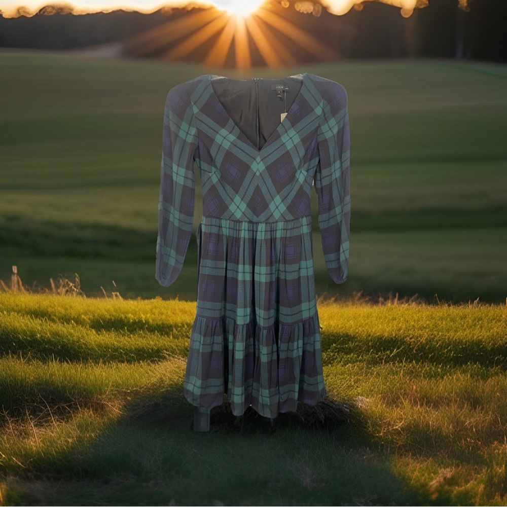 Classy J. Crew A-Line Size 00 plaid Blackwatch long sleeve tiered Holiday Dress